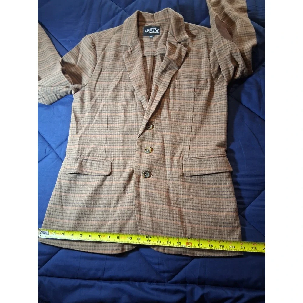 Rude XXX‎ Mens Brown Plaid Blazer Jacket with Elbow Patches Size Medium Academic